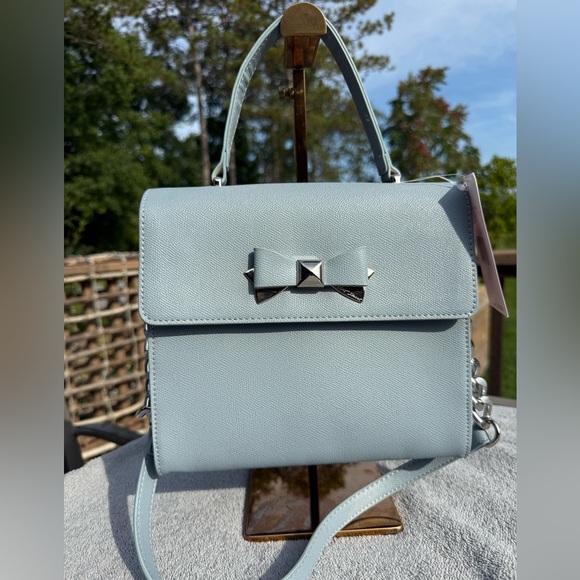 NWT! Betsy Johnson Devin Satchel Top Handle Crossbody Bag Blue Bow Chain Strap - Picture 3 of 13